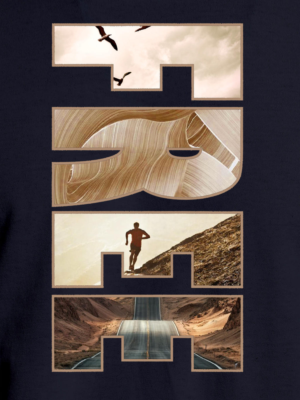 Close up of 'Free & Boundless' design on Women's Navy Blue Round Neck T-shirt, highlighting intricate details and vibrant print.