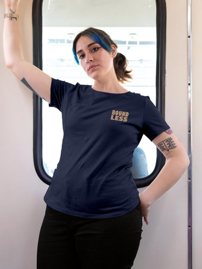 Front view of Fighterhero Women's Navy Blue Round Neck T-shirt, highlighting the 'broken chains' design on the chest.