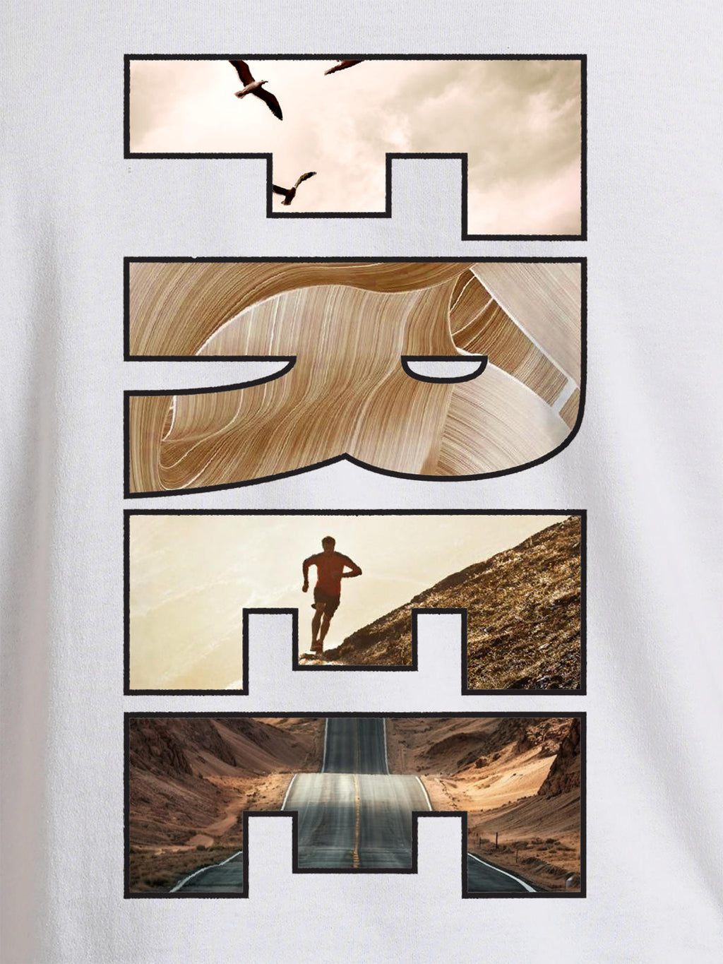 Close up of 'Free & Boundless' design on Men's White Round Neck T-shirt, highlighting intricate details and vibrant print.