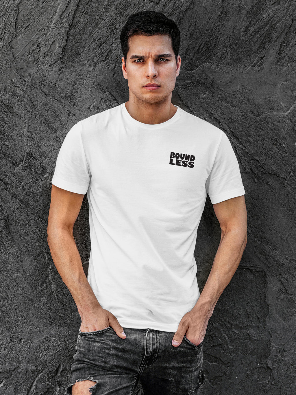 Front view of Fighterhero Men's White Round Neck T-shirt, highlighting the 'broken chains' design on the chest.