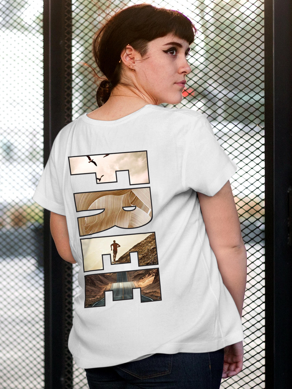 Model wearing Women's White Round Neck T-shirt with 'Free & Boundless' design, offering effortless style and premium comfort