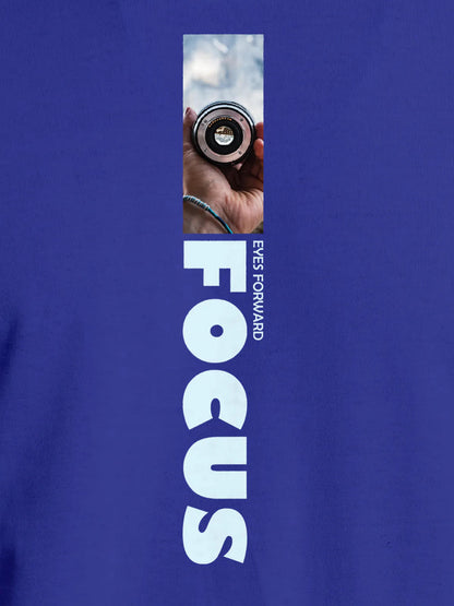 Close up of 'Focus' design on Men's Blue Round Neck T-shirt, highlighting intricate details and vibrant print.