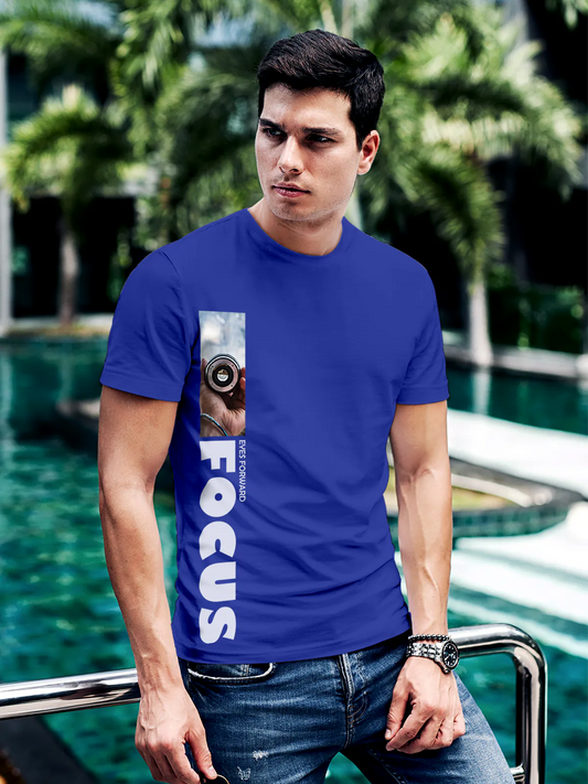 Fighterhero T-shirts: Model wearing Men's Blue Round Neck T-shirt with 'Focus' design