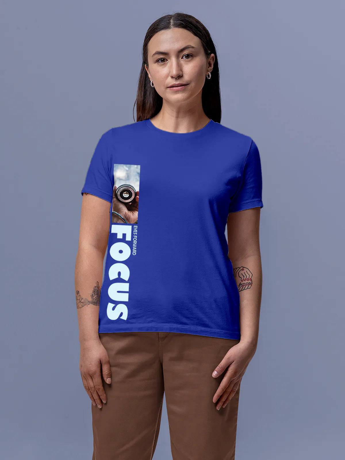 Model wearing Women's Blue Round Neck T-shirt with 'Focus' design, offering effortless style and premium comfort