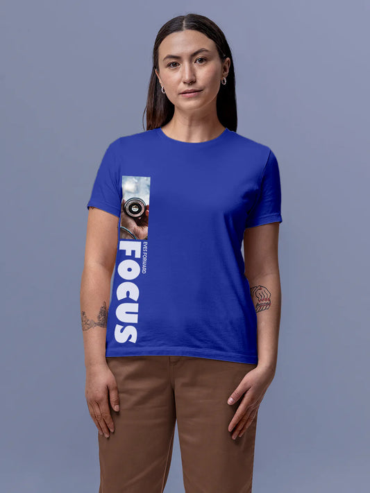 Fighterhero T-shirts: Model wearing Women's Blue Round Neck T-shirt with 'Focus' design