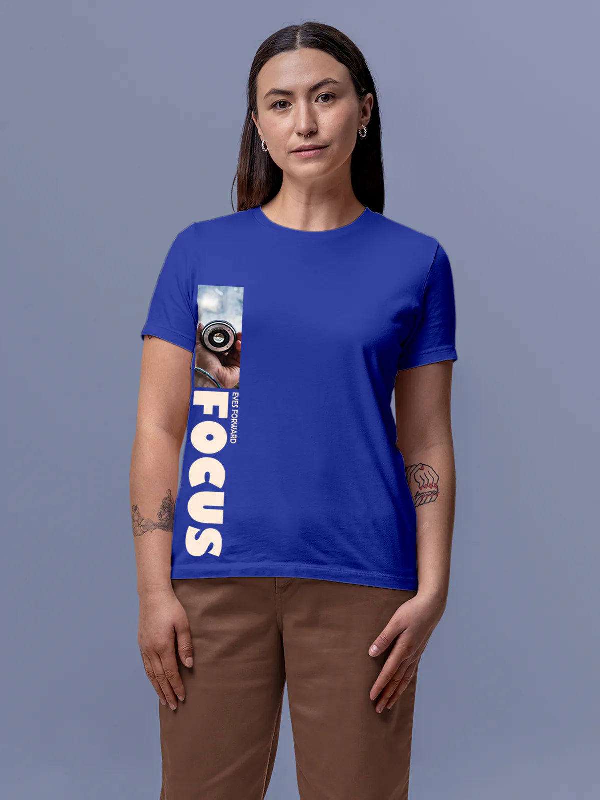 Model wearing Women's Blue Round Neck T-shirt with 'Focus' design, offering effortless style and premium comfort
