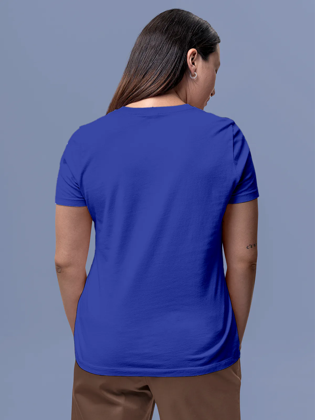 Back view of Fighterhero Women's Blue Round Neck T-shirt, highlighting the modern look and clean finish