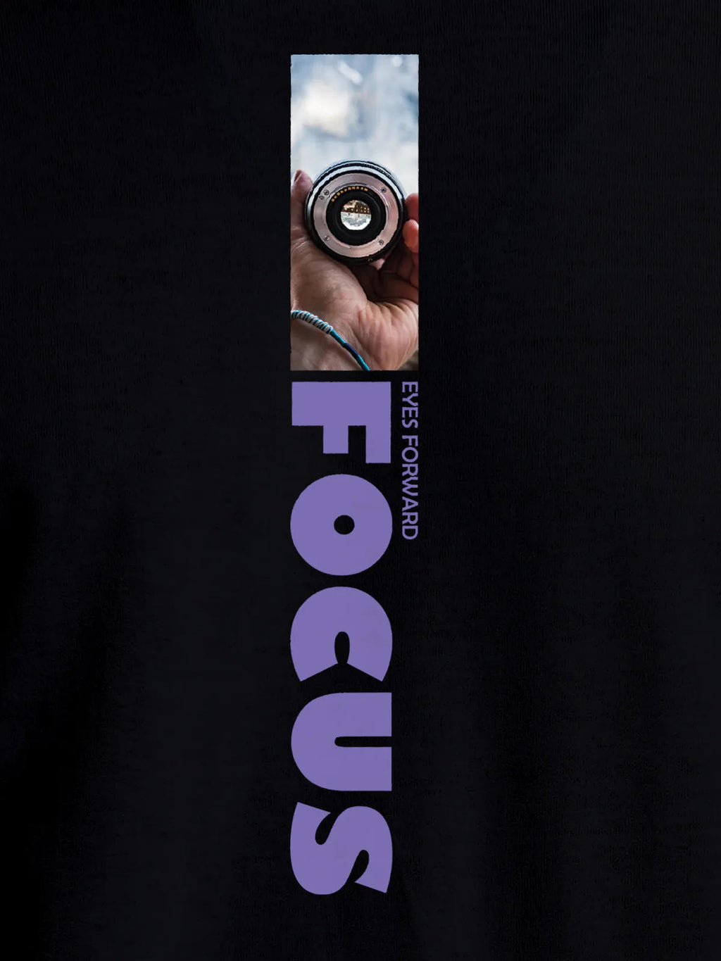 Close up of 'Focus' design on Men's Black Round Neck T-shirt, highlighting intricate details and vibrant print.