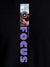 Close up of 'Focus' design on Men's Black Round Neck T-shirt, highlighting intricate details and vibrant print.