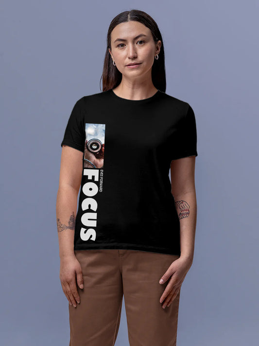 Fighterhero T-shirts: Model wearing Women's Black Round Neck T-shirt with 'Focus' design
