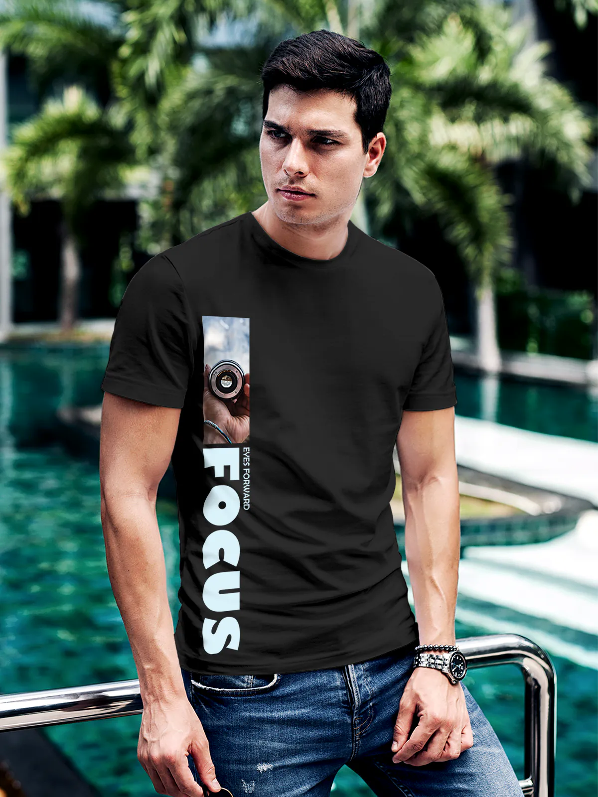 Model wearing Men's Dark Grey Round Neck T-shirt with 'Focus' design, offering effortless style and premium comfort