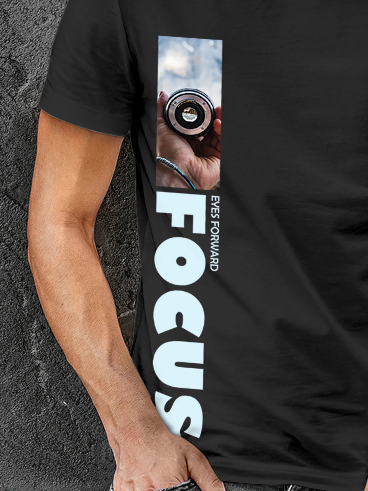 Close up of 'Focus' design on Men's Dark Grey Round Neck T-shirt, highlighting intricate details and vibrant print.