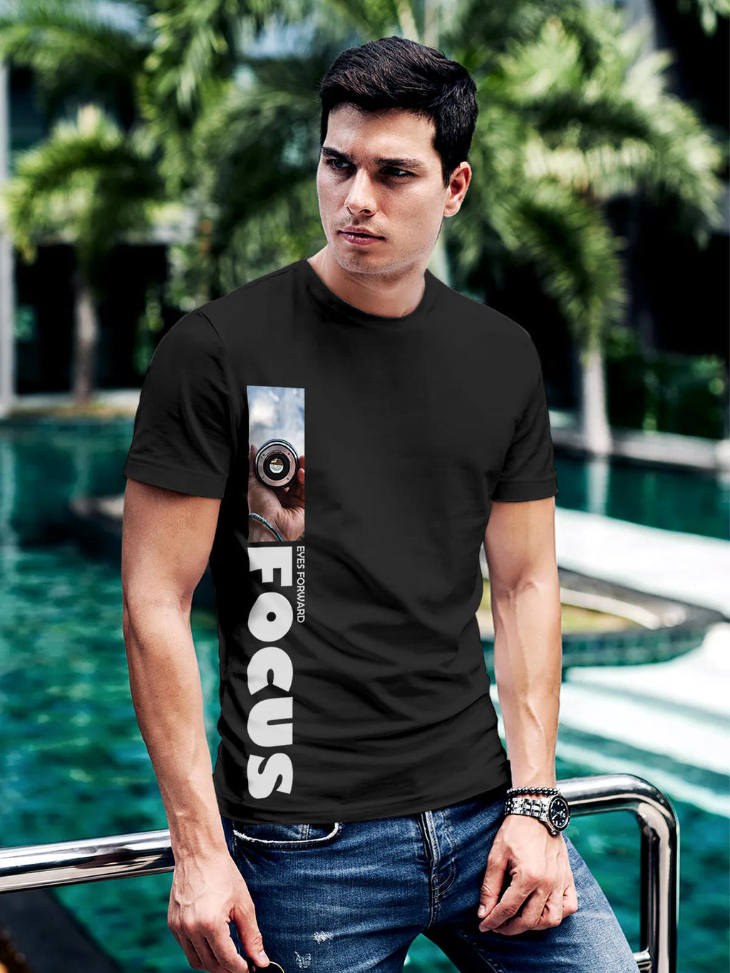 Model wearing Men's Dark Grey Round Neck T-shirt with 'Focus' design, offering effortless style and premium comfort