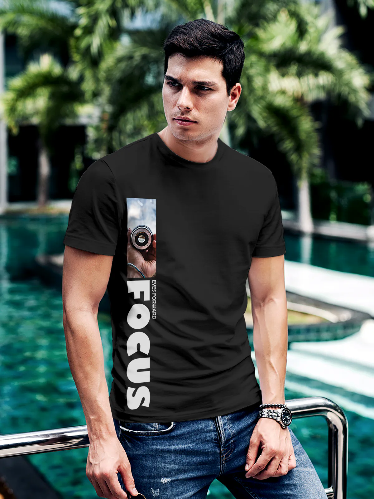Model wearing Men's Dark Grey Round Neck T-shirt with 'Focus' design, offering effortless style and premium comfort