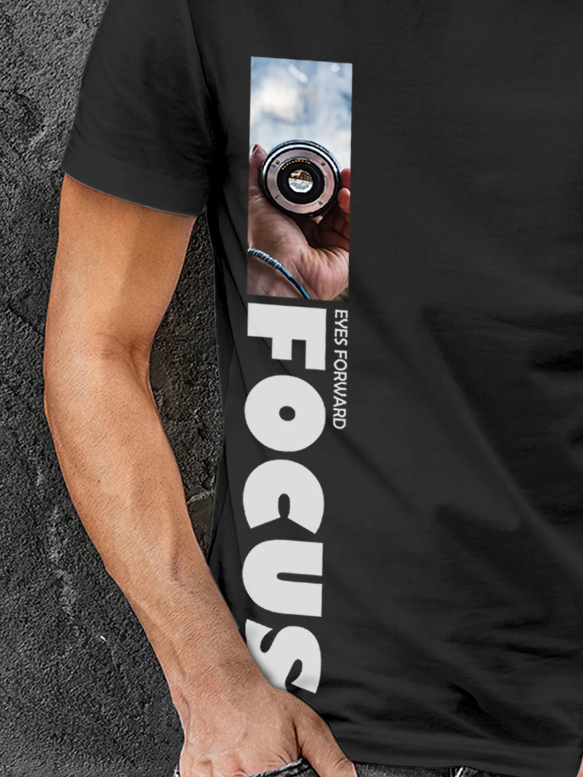 Close up of 'Focus' design on Men's Dark Grey Round Neck T-shirt, highlighting intricate details and vibrant print.