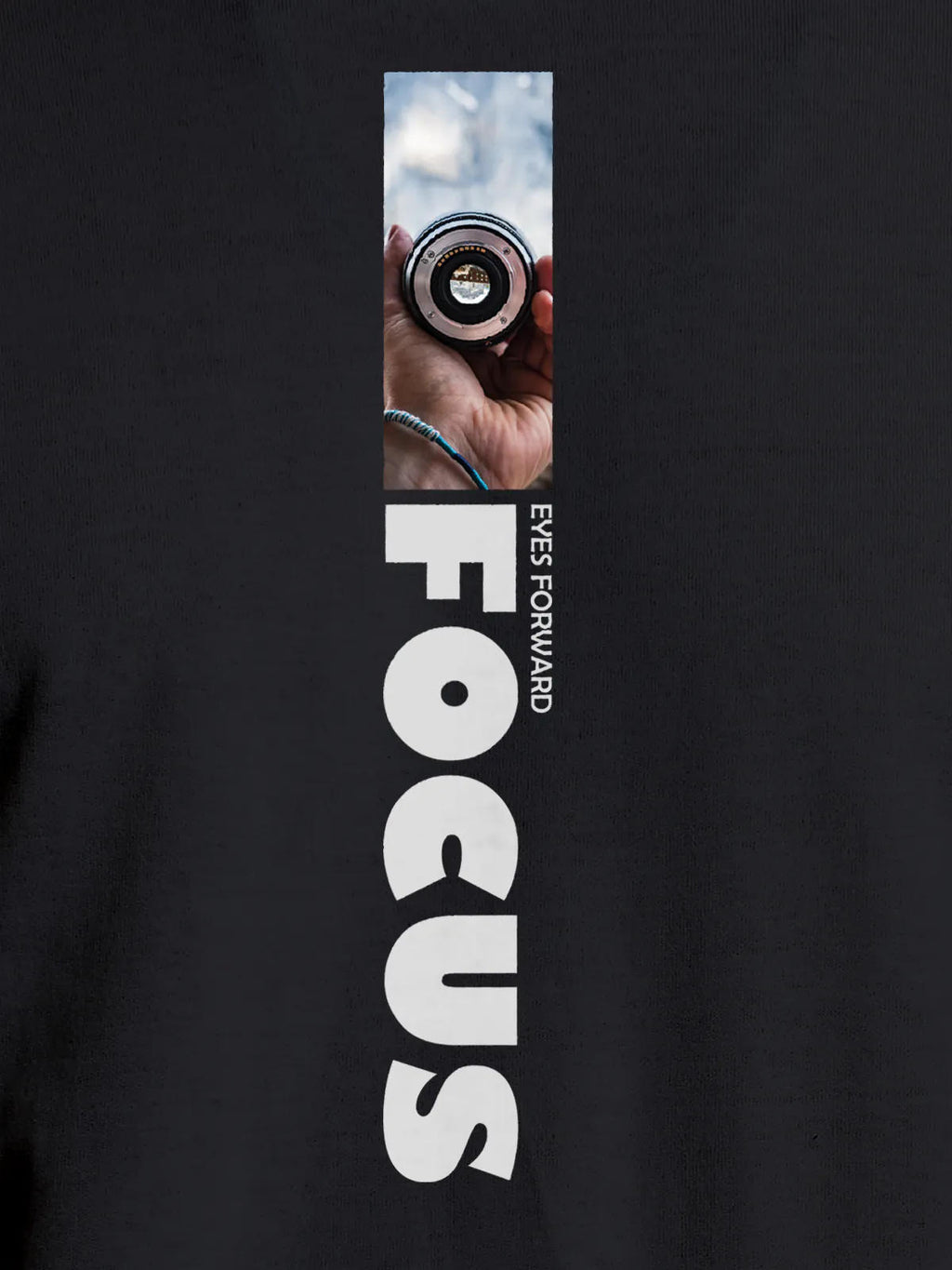 Close up of 'Focus' design on Men's Dark Grey Round Neck T-shirt, highlighting intricate details and vibrant print.