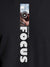 Close up of 'Focus' design on Men's Dark Grey Round Neck T-shirt, highlighting intricate details and vibrant print.