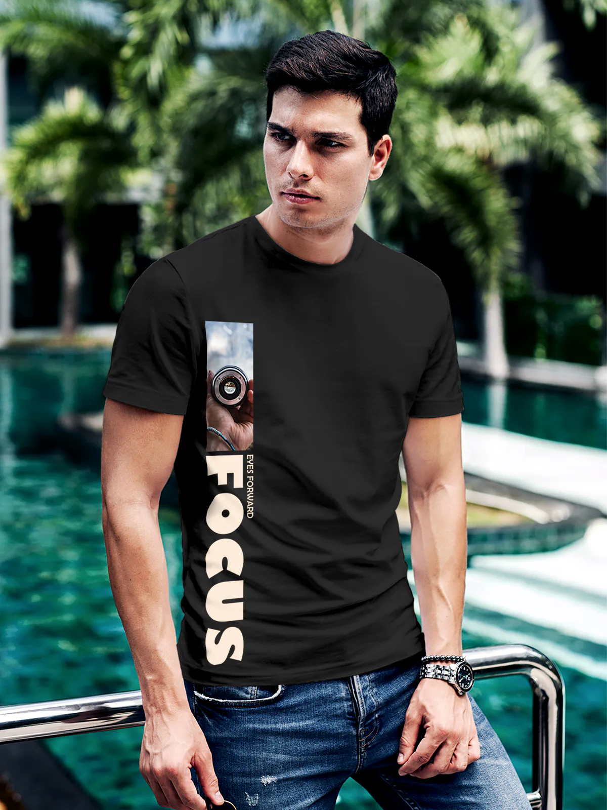 Model wearing Men's Dark Grey Round Neck T-shirt with 'Focus' design, offering effortless style and premium comfort
