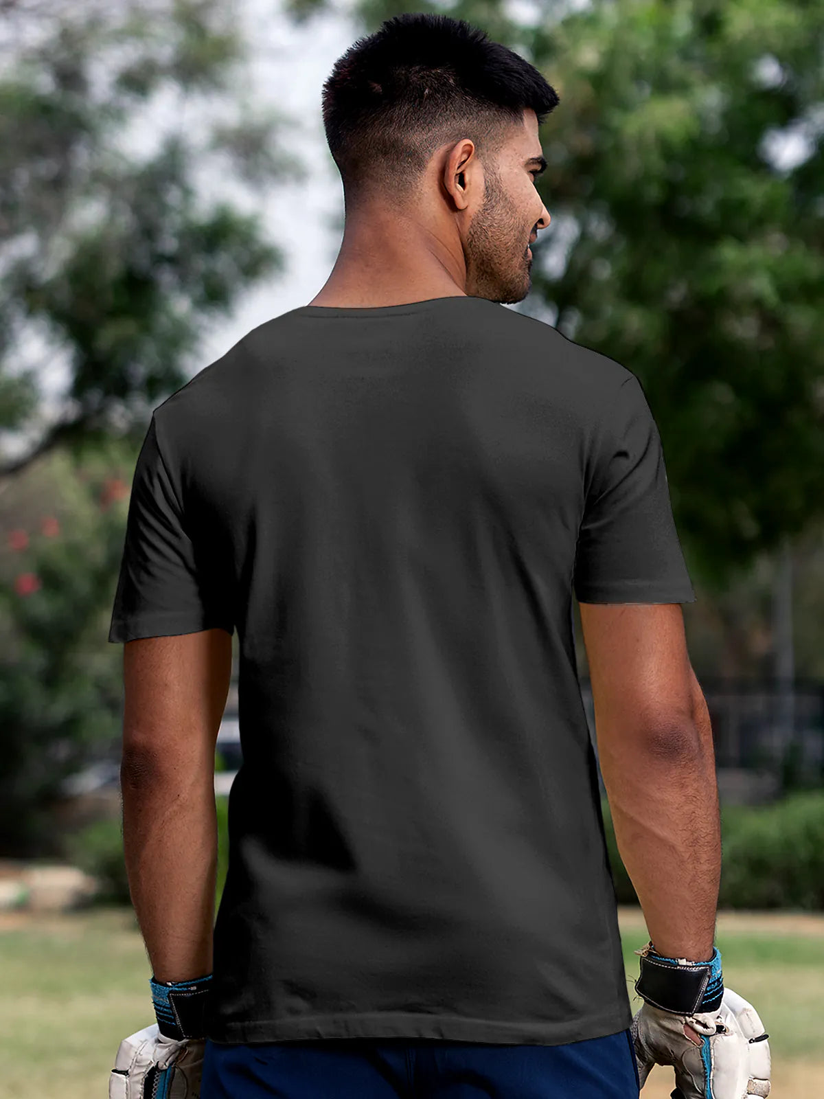 Back view of Fighterhero Men's Dark Grey Round Neck T-shirt, highlighting the modern look and clean finish
