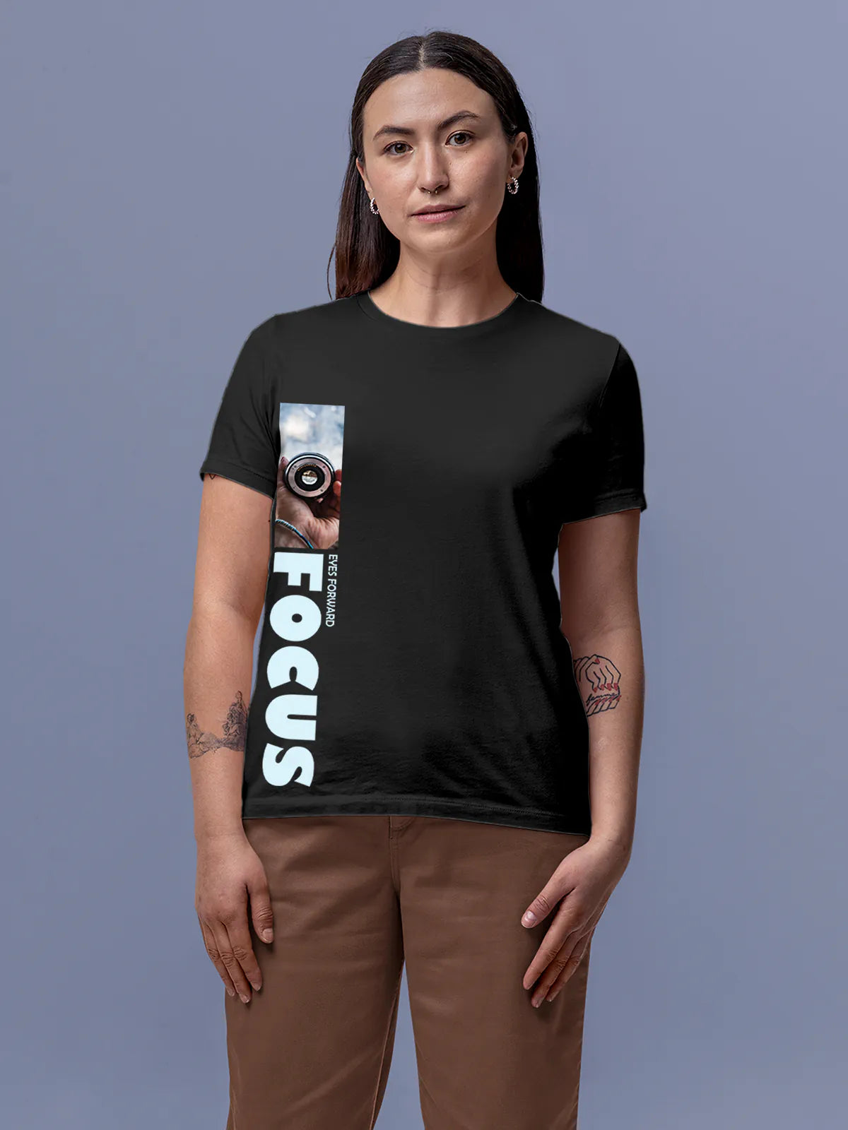 Model wearing Women's Dark Grey Round Neck T-shirt with 'Focus' design, offering effortless style and premium comfort