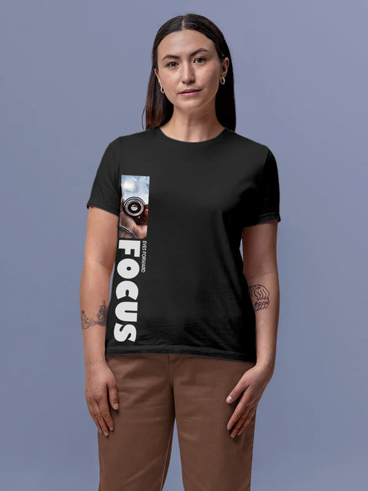 Fighterhero T-shirts: Model wearing Women's Dark Grey Round Neck T-shirt with 'Focus' design
