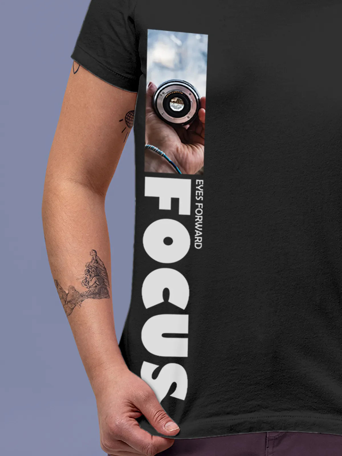 Close up of 'Focus' design on Women's Dark Grey Round Neck T-shirt, highlighting intricate details and vibrant print.