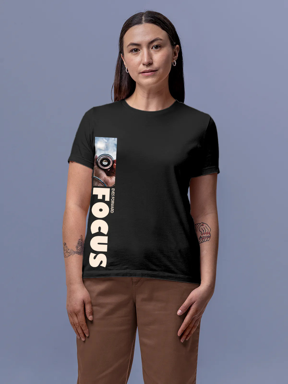 Model wearing Women's Dark Grey Round Neck T-shirt with 'Focus' design, offering effortless style and premium comfort