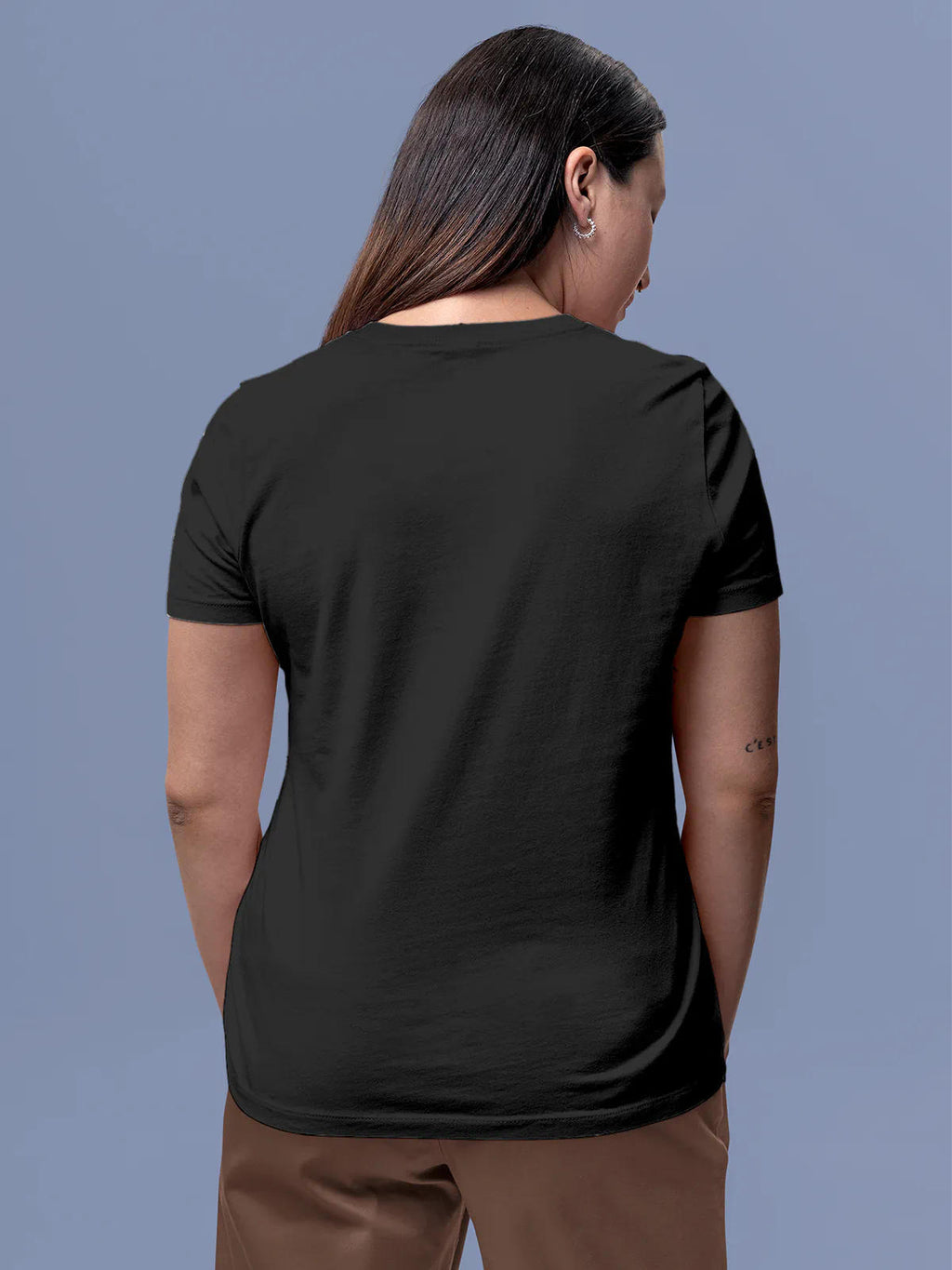 Back view of Fighterhero Women's Dark Grey Round Neck T-shirt, highlighting the modern look and clean finish