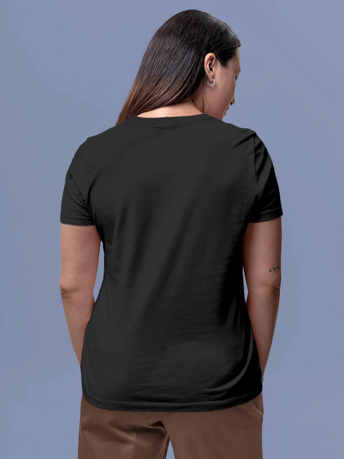 Back view of Fighterhero Women's Dark Grey Round Neck T-shirt, highlighting the modern look and clean finish