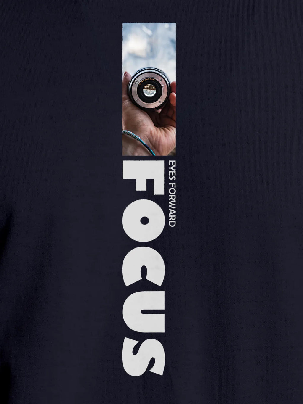 Close up of 'Focus' design on Men's Navy Blue Round Neck T-shirt, highlighting intricate details and vibrant print.