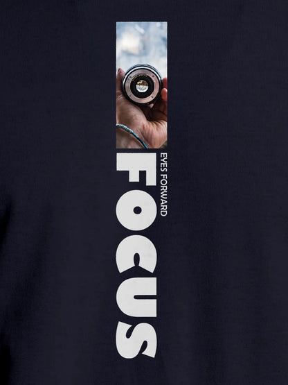 Close up of 'Focus' design on Men's Navy Blue Round Neck T-shirt, highlighting intricate details and vibrant print.