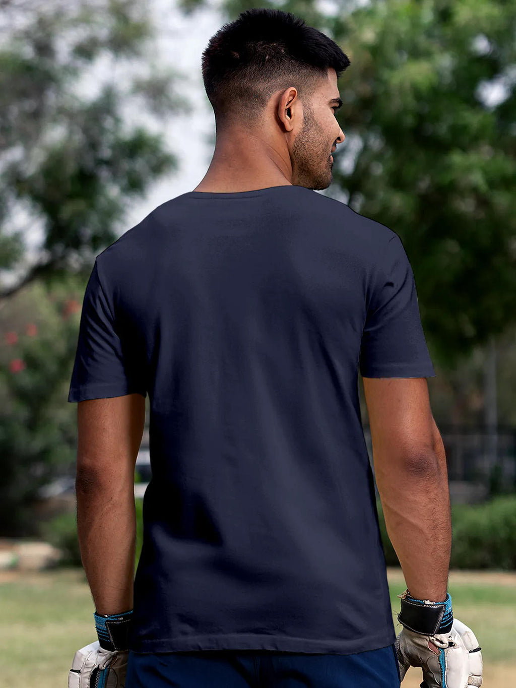 Back view of Fighterhero Men's Navy Blue Round Neck T-shirt, highlighting the modern look and clean finish