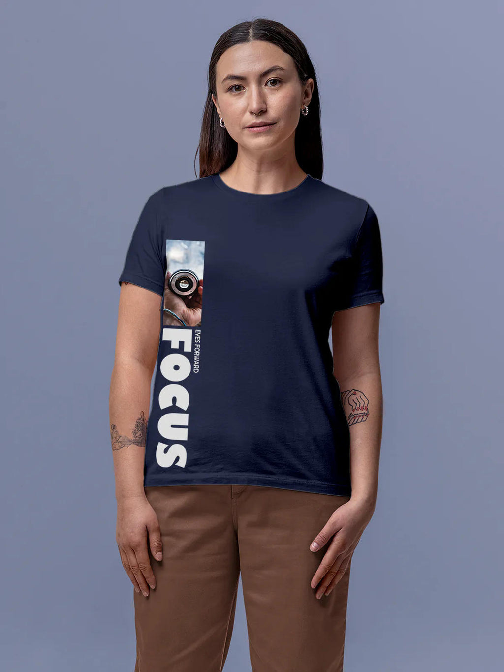 Model wearing Women's Navy Blue Round Neck T-shirt with 'Focus' design, offering effortless style and premium comfort