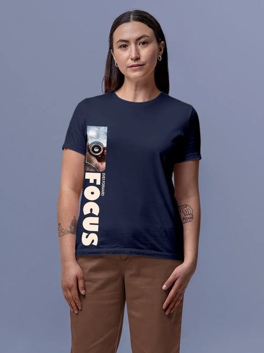 Fighterhero T-shirts: Model wearing Women's Navy Blue Round Neck T-shirt with 'Focus' design