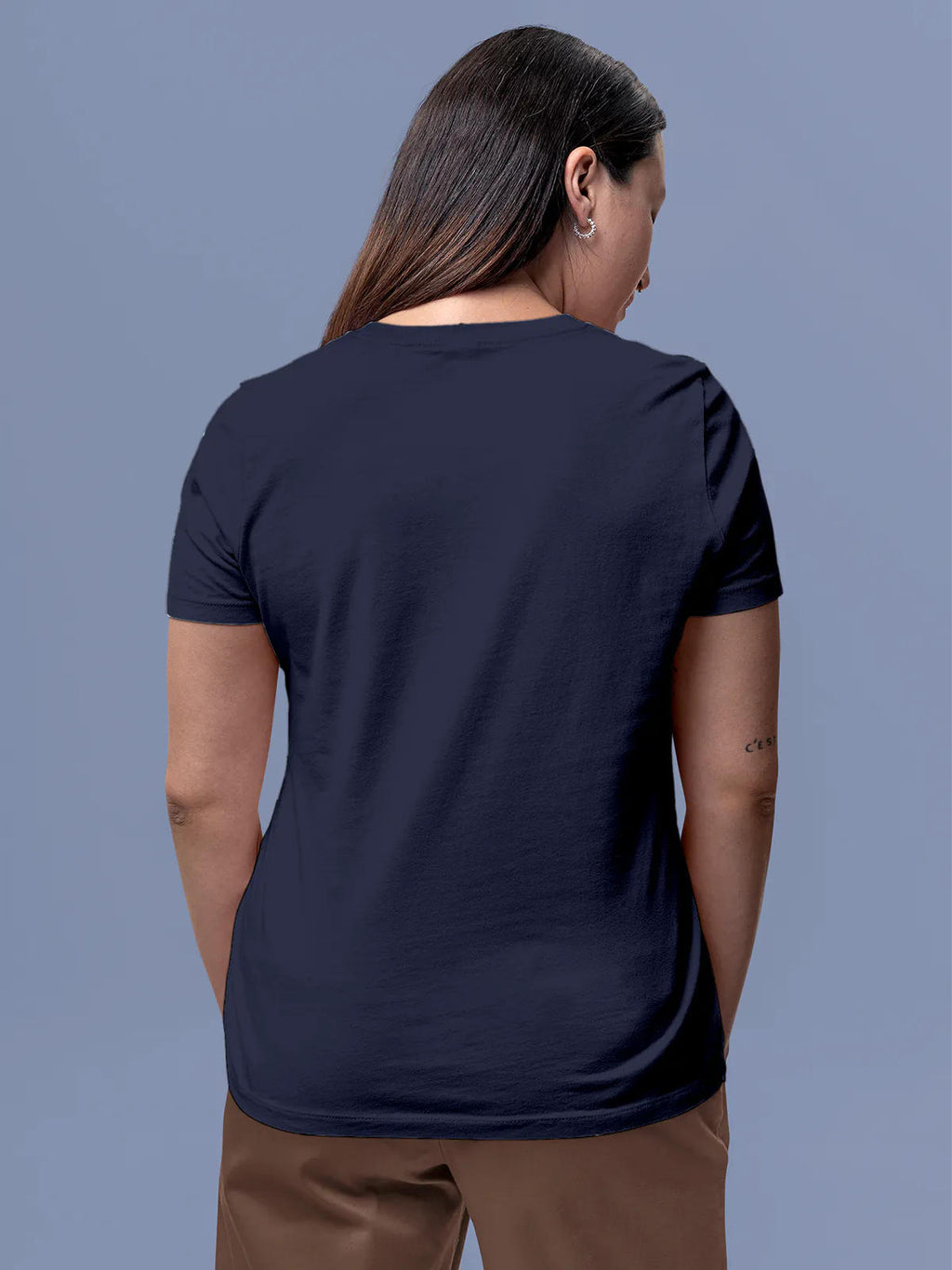 Back view of Fighterhero Women's Navy Blue Round Neck T-shirt, highlighting the modern look and clean finish