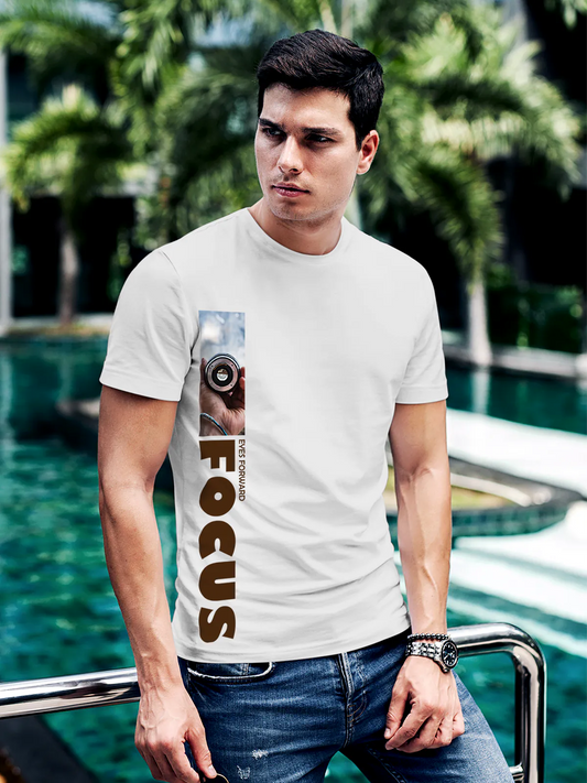 Fighterhero T-shirts: Model wearing Men's White Round Neck T-shirt with 'Focus' design