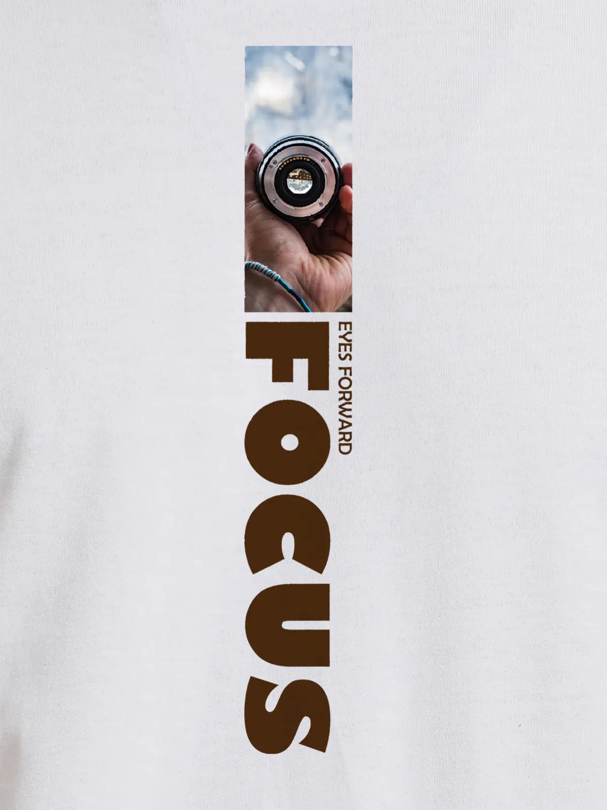 Close up of 'Focus' design on Men's White Round Neck T-shirt, highlighting intricate details and vibrant print.