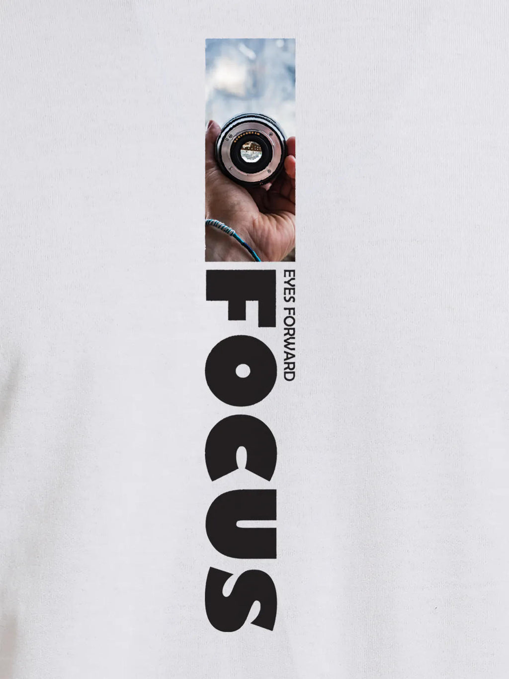 Close up of 'Focus' design on Men's White Round Neck T-shirt, highlighting intricate details and vibrant print.