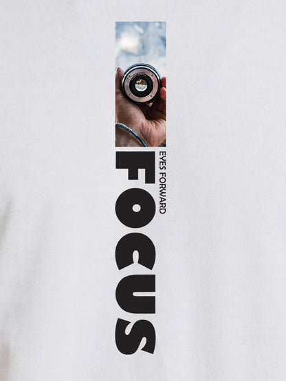Close up of 'Focus' design on Men's White Round Neck T-shirt, highlighting intricate details and vibrant print.
