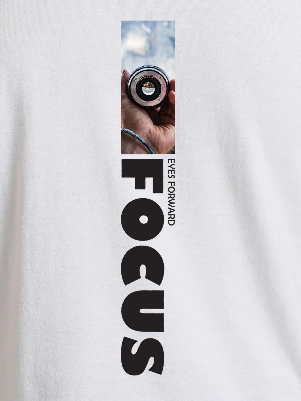 Close up of 'Focus' design on Women's White Round Neck T-shirt, highlighting intricate details and vibrant print.