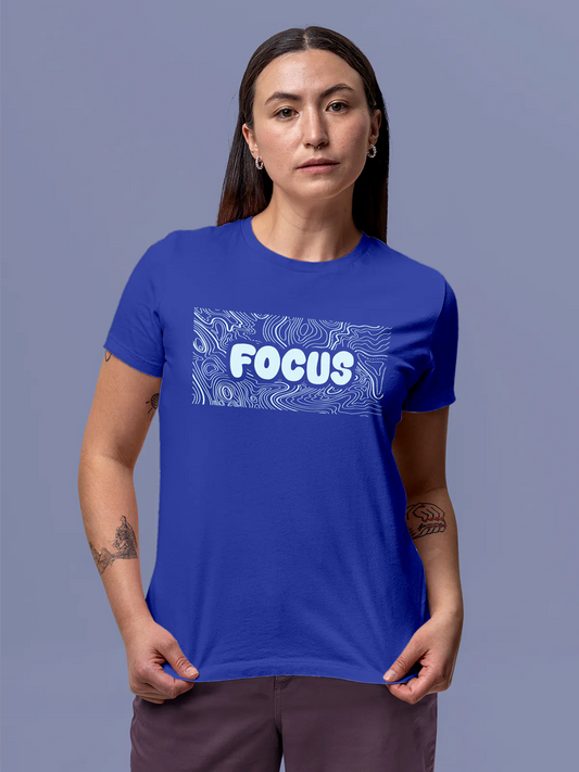 Fighterhero T-shirts: Model wearing Women's Blue Round Neck T-shirt with 'Focus In Chaos' design