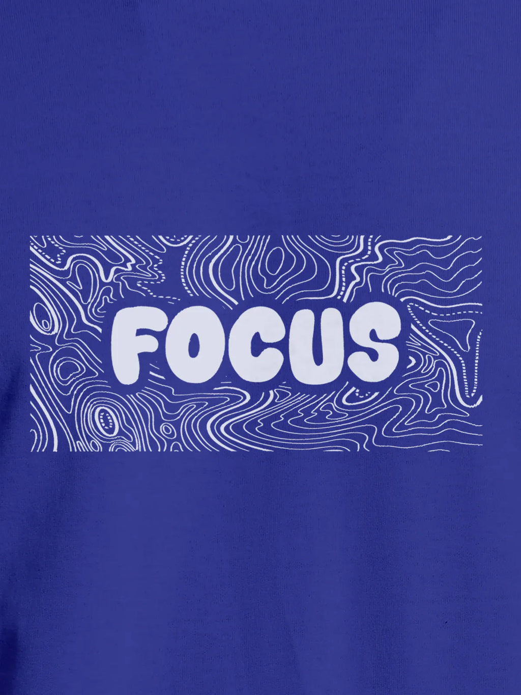 Close up of 'Focus In Chaos' design on Women's Blue Round Neck T-shirt, highlighting intricate details and vibrant print.