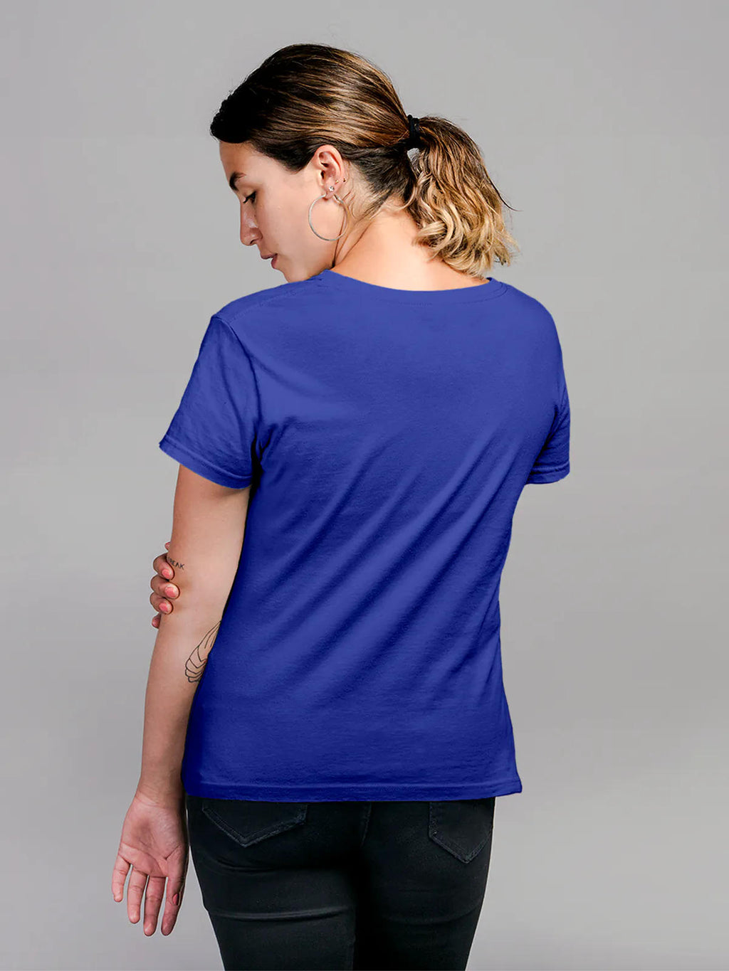Back view of Fighterhero Women's Blue Round Neck T-shirt, highlighting the modern look and clean finish