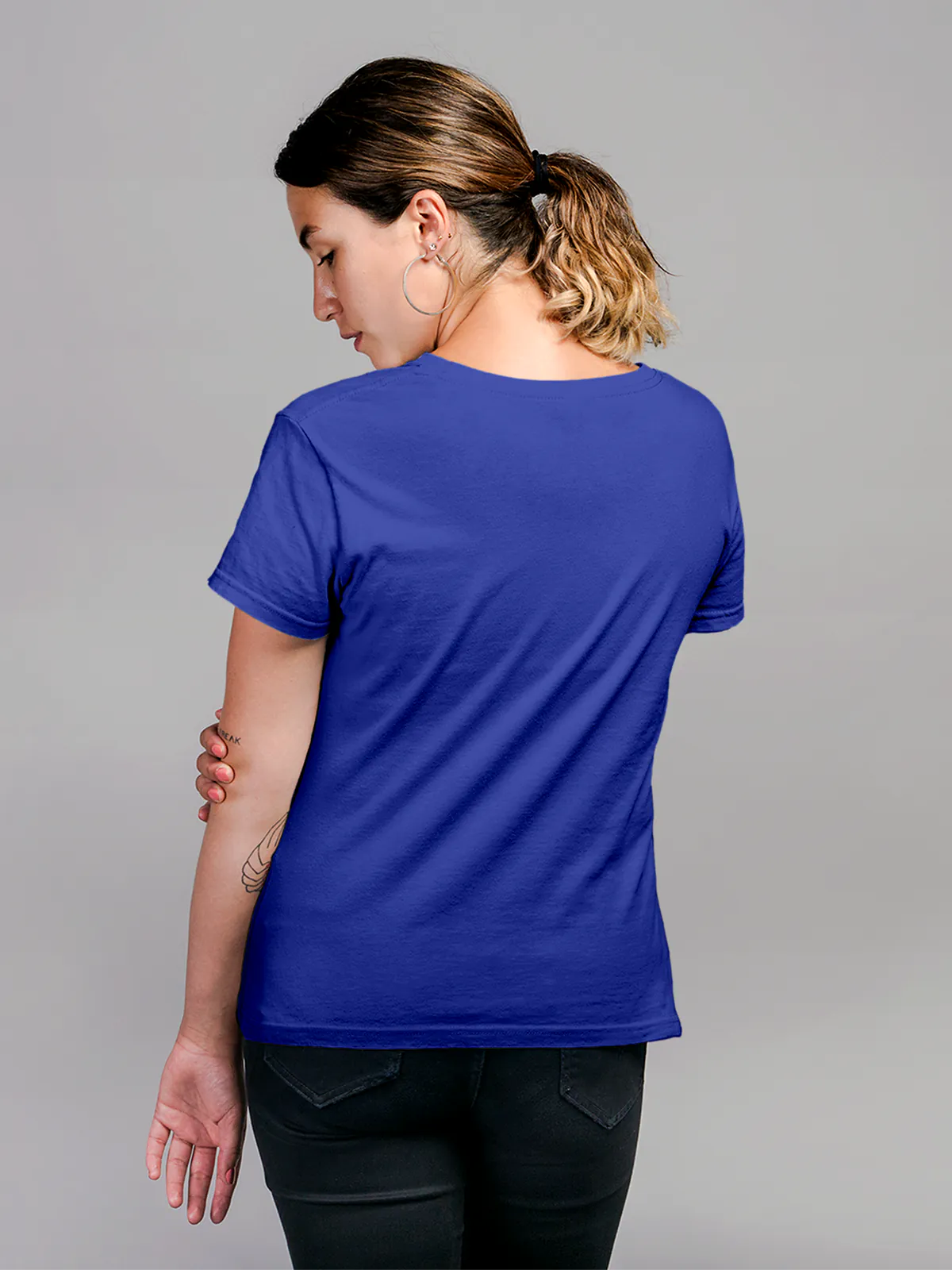 Back view of Fighterhero Women's Blue Round Neck T-shirt, highlighting the modern look and clean finish