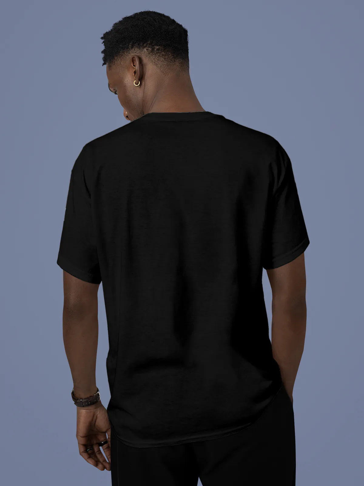 Back view of Fighterhero Men's Black Round Neck T-shirt, highlighting the modern look and clean finish