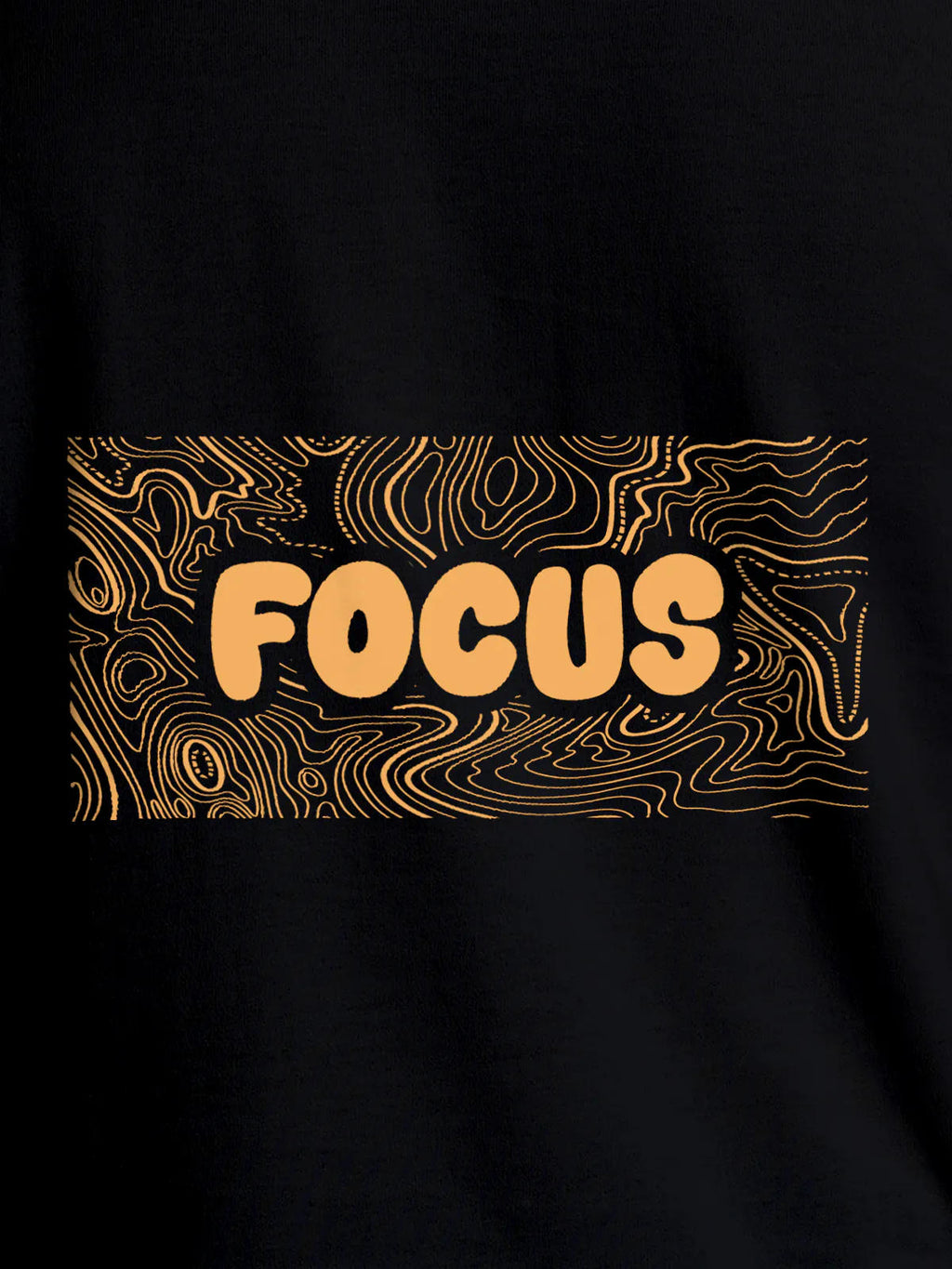 Close up of 'Focus In Chaos' design on Men's Black Round Neck T-shirt, highlighting intricate details and vibrant print.