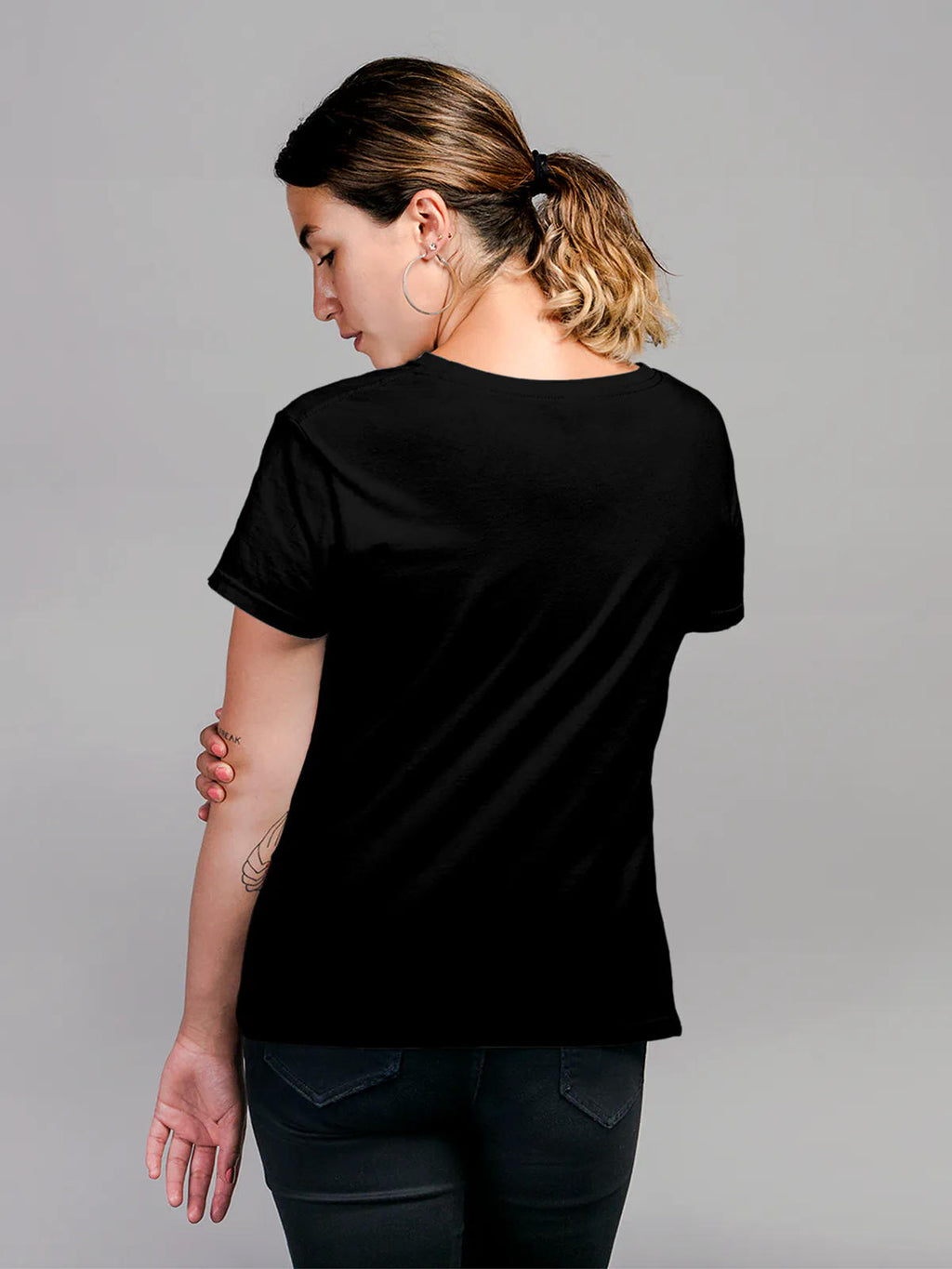Back view of Fighterhero Women's Black Round Neck T-shirt, highlighting the modern look and clean finish
