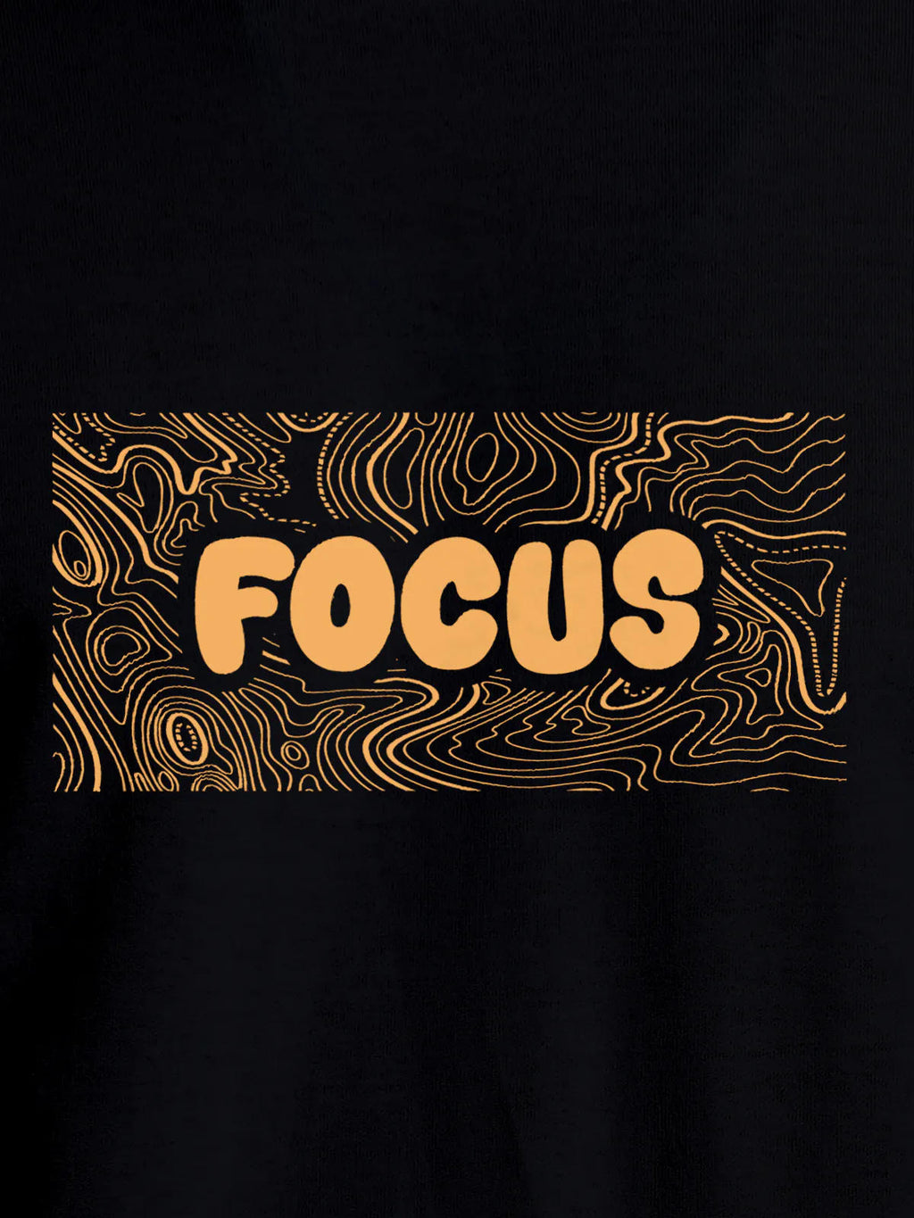 Close up of 'Focus In Chaos' design on Women's Black Round Neck T-shirt, highlighting intricate details and vibrant print.