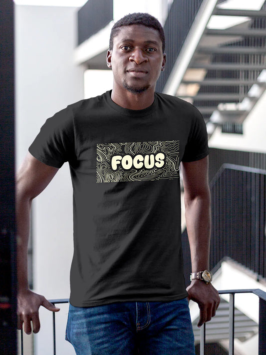 Fighterhero T-shirts: Model wearing Men's Dark Grey Round Neck T-shirt with 'Focus In Chaos' design