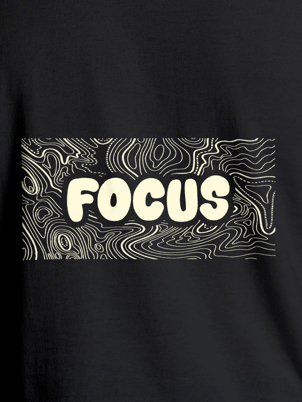 Close up of 'Focus In Chaos' design on Men's Dark Grey Round Neck T-shirt, highlighting intricate details and vibrant print.